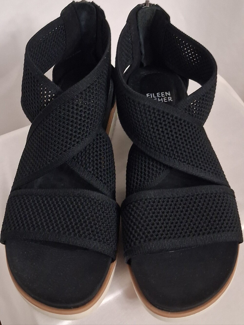 Eileen Fisher Black Crisscross Mesh Slip-On Sandals Size 8.5 Comfort, Zip Back